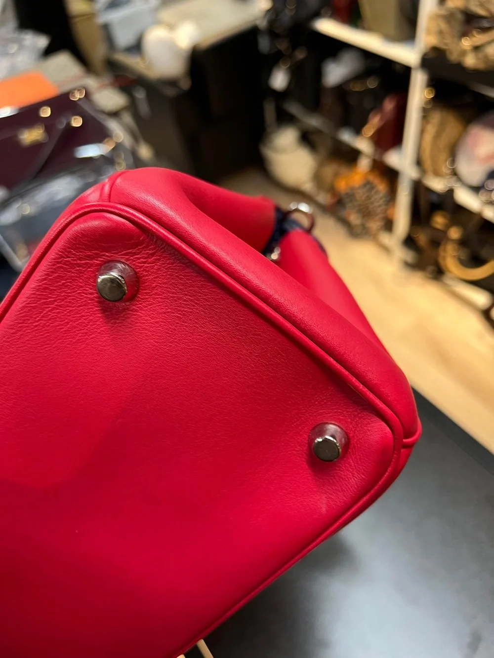Dior Red Satchel with White Top Handle and Navy Charm